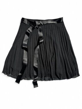 Rave Stretch Women's Black Pleated Mini Skirt with Satin Waist Tie Accent Size L